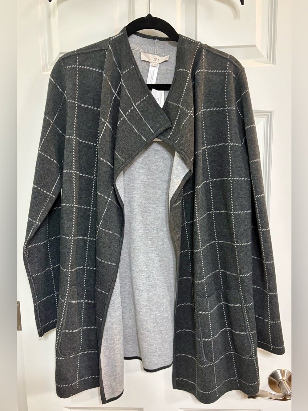 LOFT NWT Large Charcoal Windowpane Open-Front Cardigan w/ Light Gray Reversible